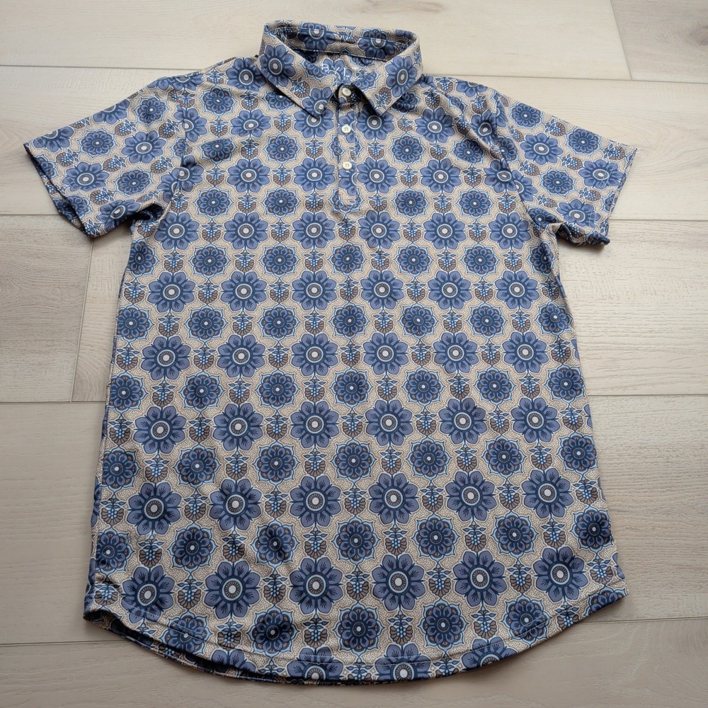 BYLT Premium Basics Mens Medium Floral Mandala Print Golf Polo Shirt Blue Tan - Picture 2 of 9